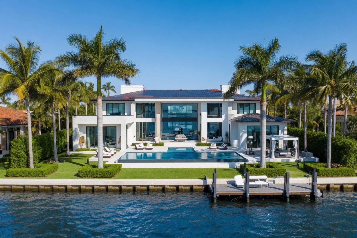 Luxury waterfront home with pool and intracoastal waterway, full view of the property used for the Construction Management hero